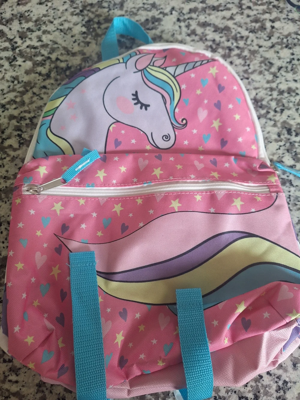 Kids Pink and Purple Unicorn Print Backpack with Aqua Straps